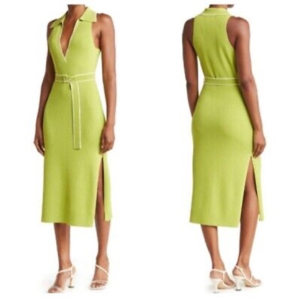 Nicholas Small Giuliana Sweater Dress Rib Knit Midi Lime Dress Sleeveless Sz M